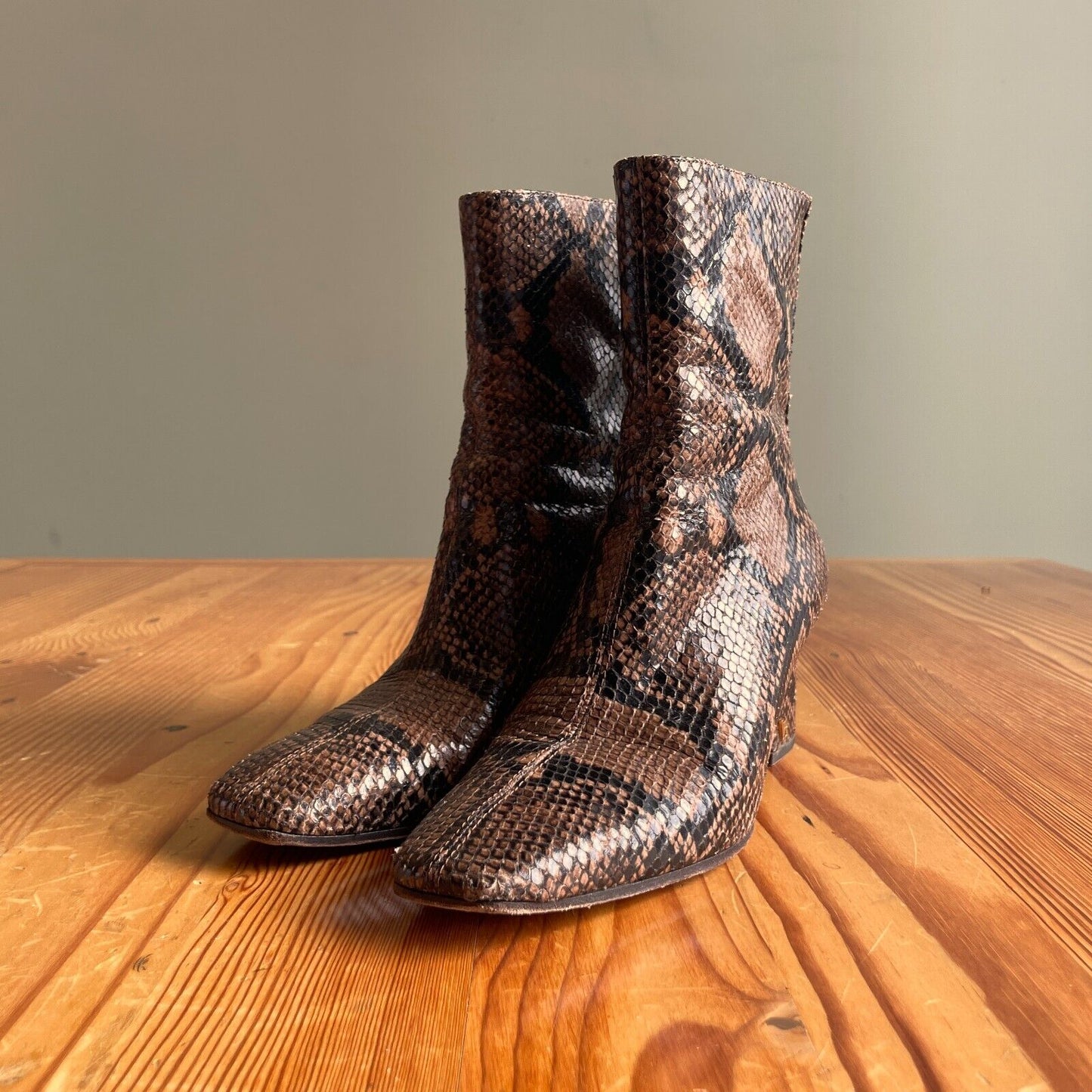 6.5 - Veronica Beard Brown Snakeskin Leather Heeled Square Toe Boots 0102JM