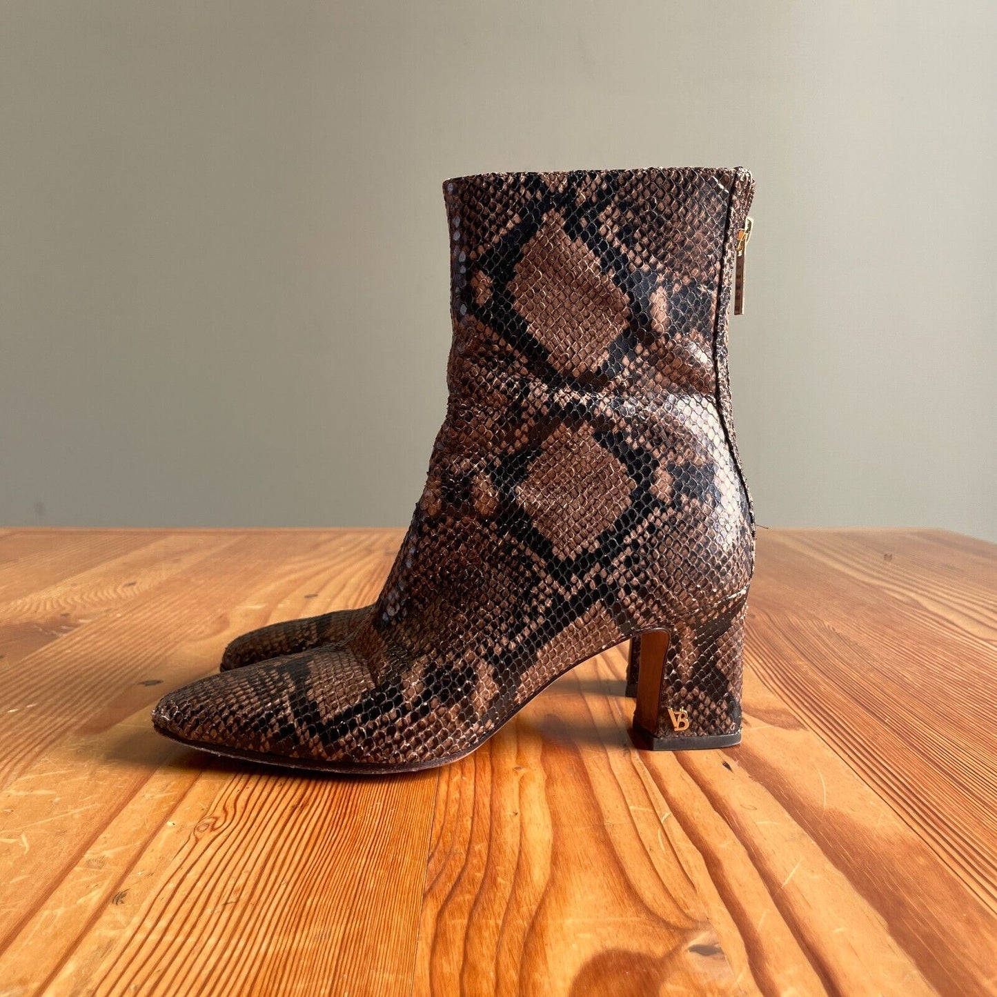 6.5 - Veronica Beard Brown Snakeskin Leather Heeled Square Toe Boots 0102JM