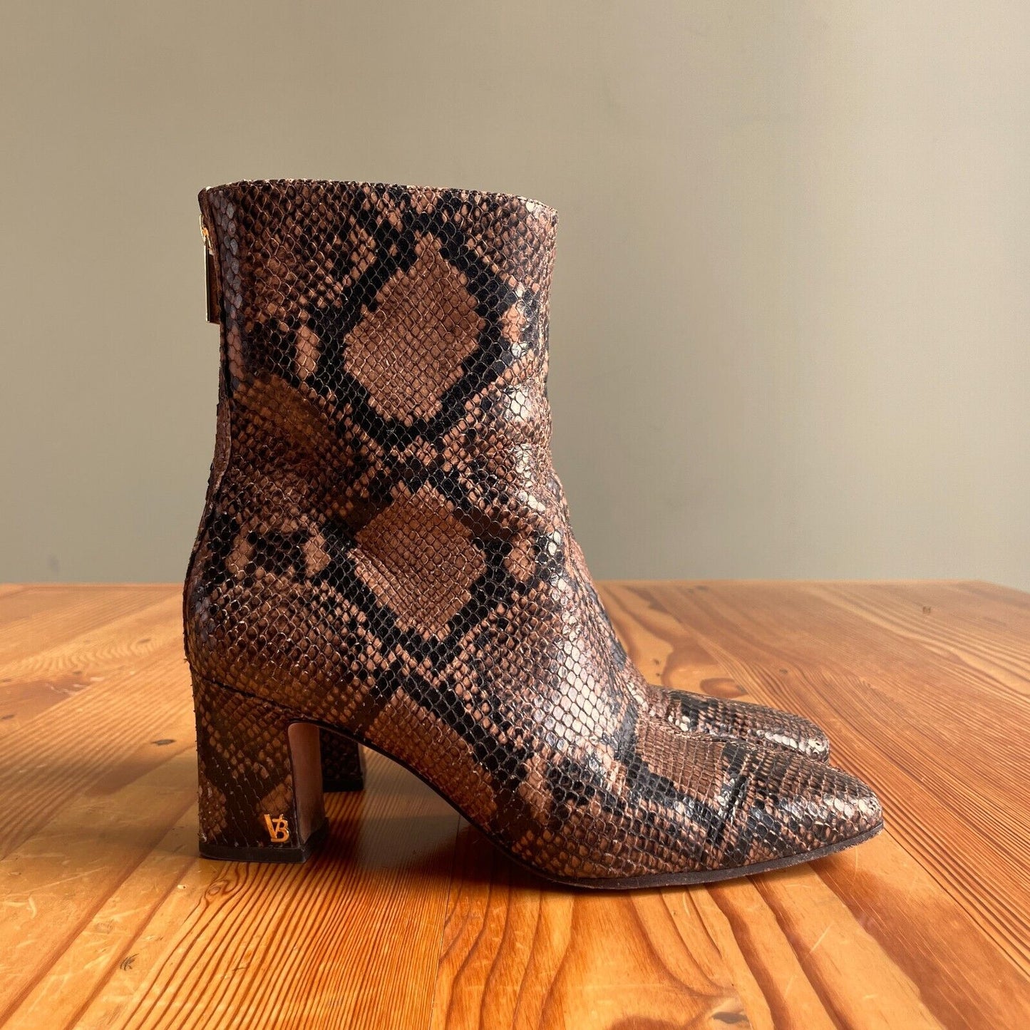 6.5 - Veronica Beard Brown Snakeskin Leather Heeled Square Toe Boots 0102JM