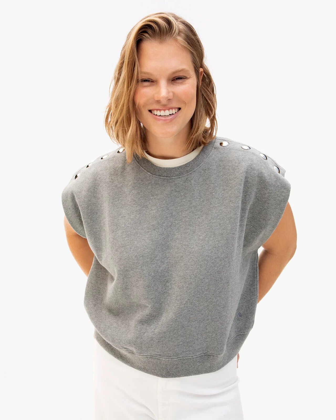 S - Clare V $145 Grey Melange w/ Stud Shoulder Cap Sleeve Sweatshirt 1117KW