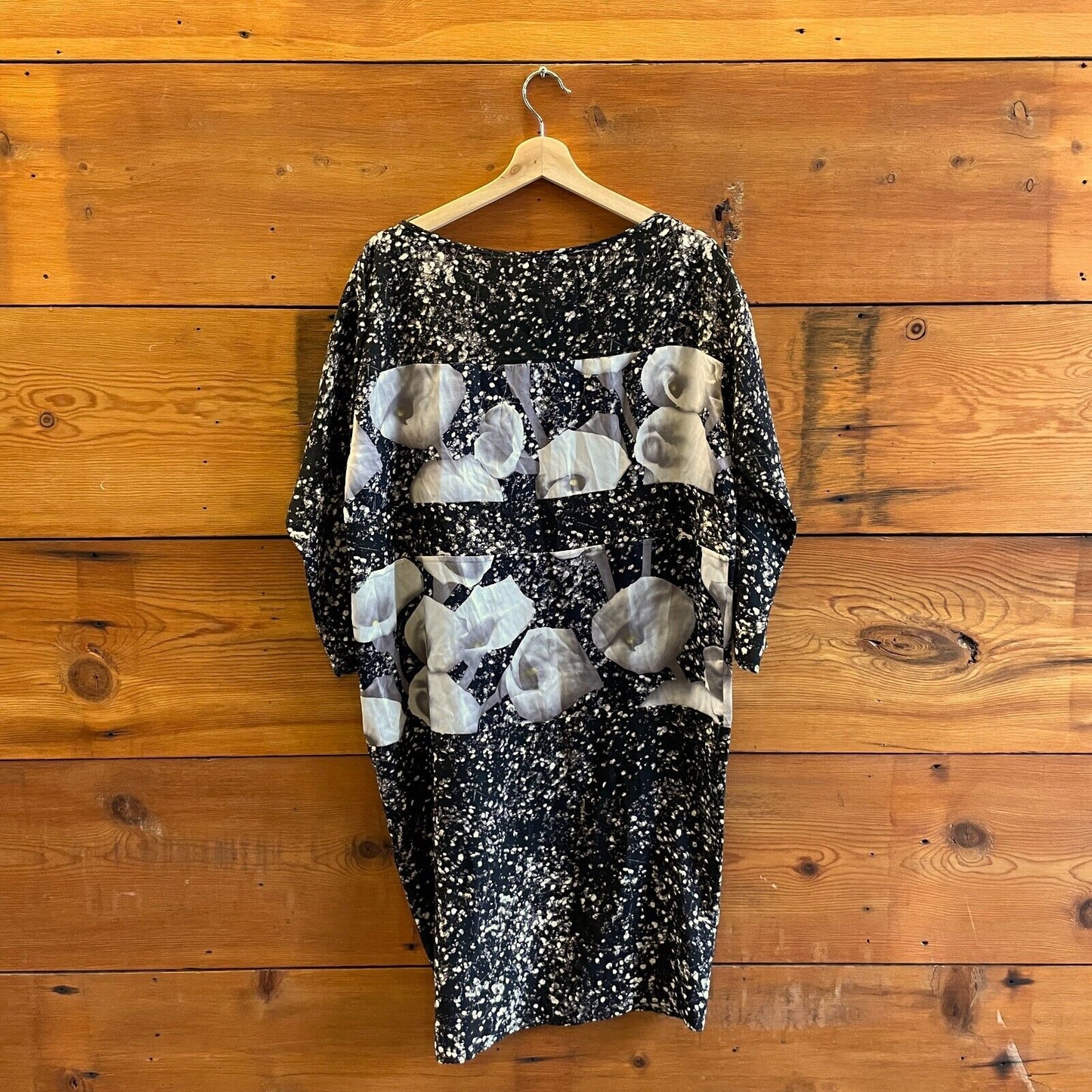 1 / S - No 6 Store Black & White Speckled 3/4 Sleeve Silk Shift Dress 0805AB