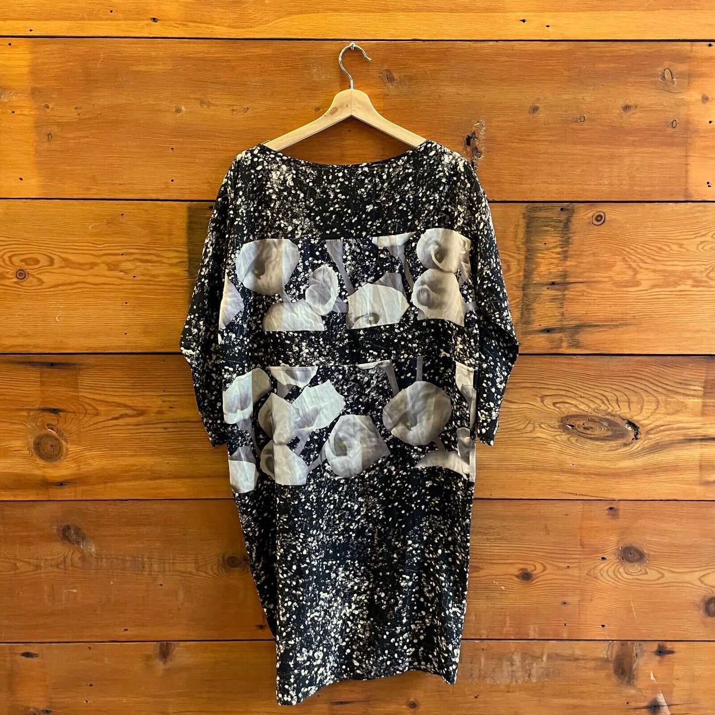 1 / S - No 6 Store Black & White Speckled 3/4 Sleeve Silk Shift Dress 0805AB