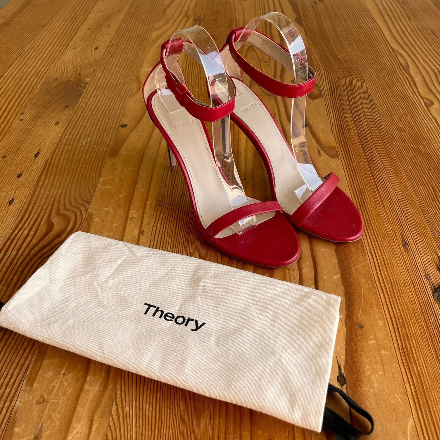 39 / 9 - Theory Red Leather Minimalist Strappy Stiletto Heels Shoes NEW 0611AJ