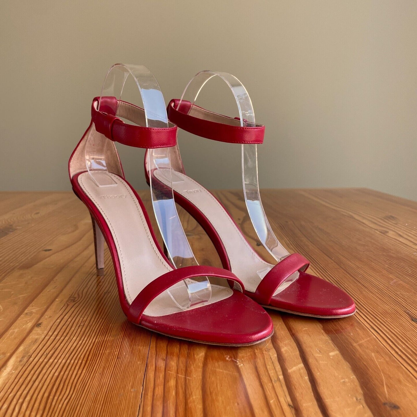 39 / 9 - Theory Red Leather Minimalist Strappy Stiletto Heels Shoes NEW 0611AJ