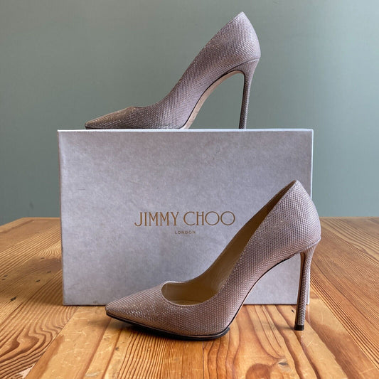 38 / 7.5- Jimmy Choo Ballet Pink Romy Glitter Mesh Suede Heels w/ Box EUC 0616JR