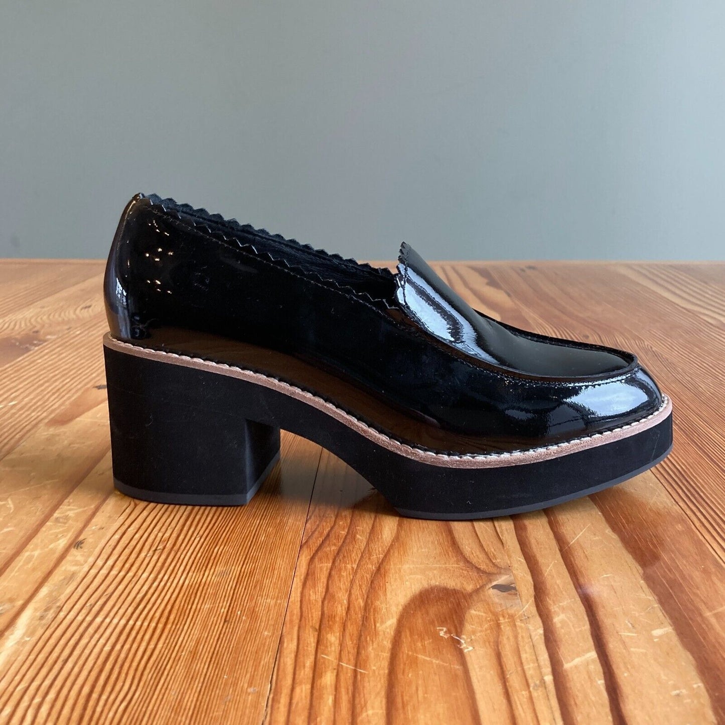 7.5 - Eileen Fisher $245 Black Patent Harria Platform Heeled Loafers 0113TS