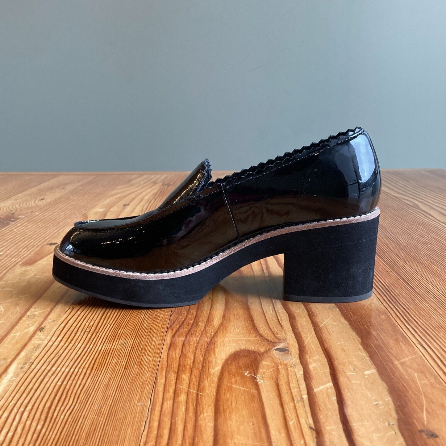 7.5 - Eileen Fisher $245 Black Patent Harria Platform Heeled Loafers 0113TS