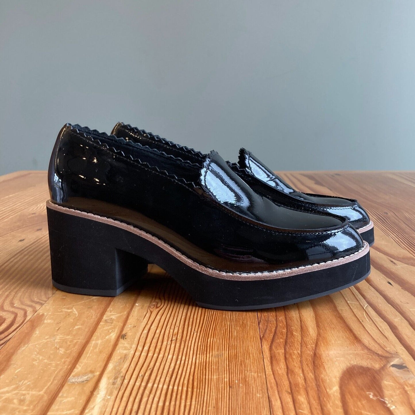 7.5 - Eileen Fisher $245 Black Patent Harria Platform Heeled Loafers 0113TS