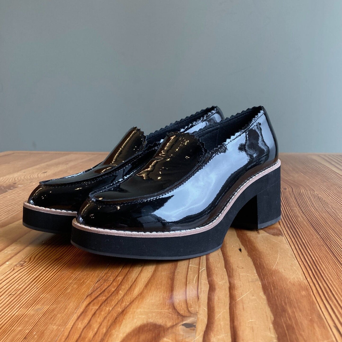 7.5 - Eileen Fisher $245 Black Patent Harria Platform Heeled Loafers 0113TS