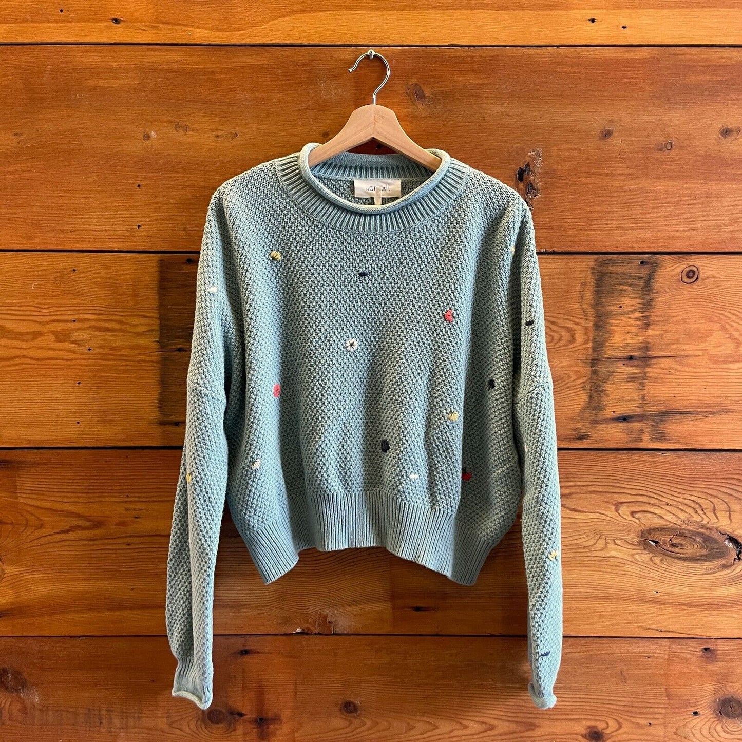 1 / S - The Great Light Blue Green Mock Neck Embroidered Pullover Sweater 0721DK