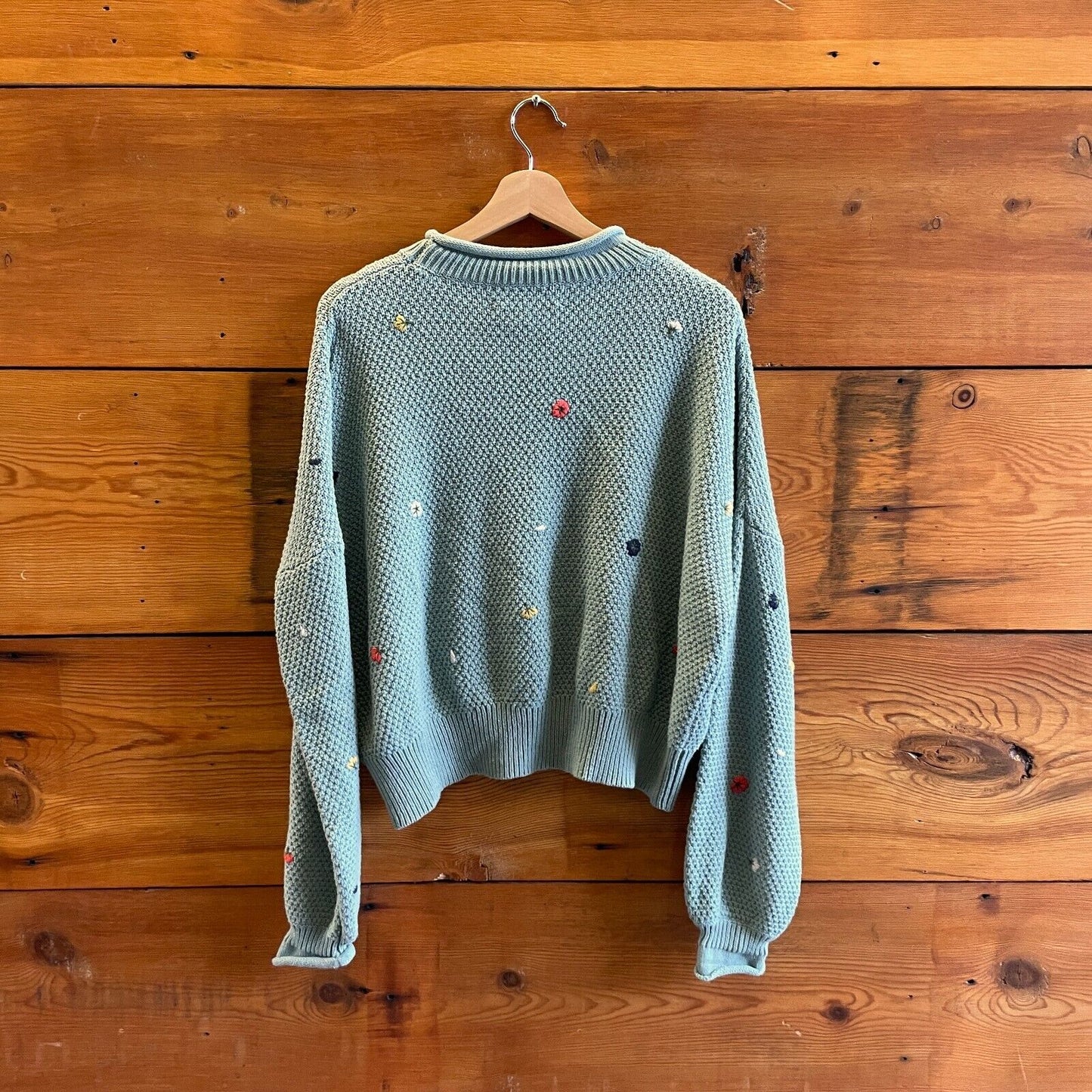 1 / S - The Great Light Blue Green Mock Neck Embroidered Pullover Sweater 0721DK