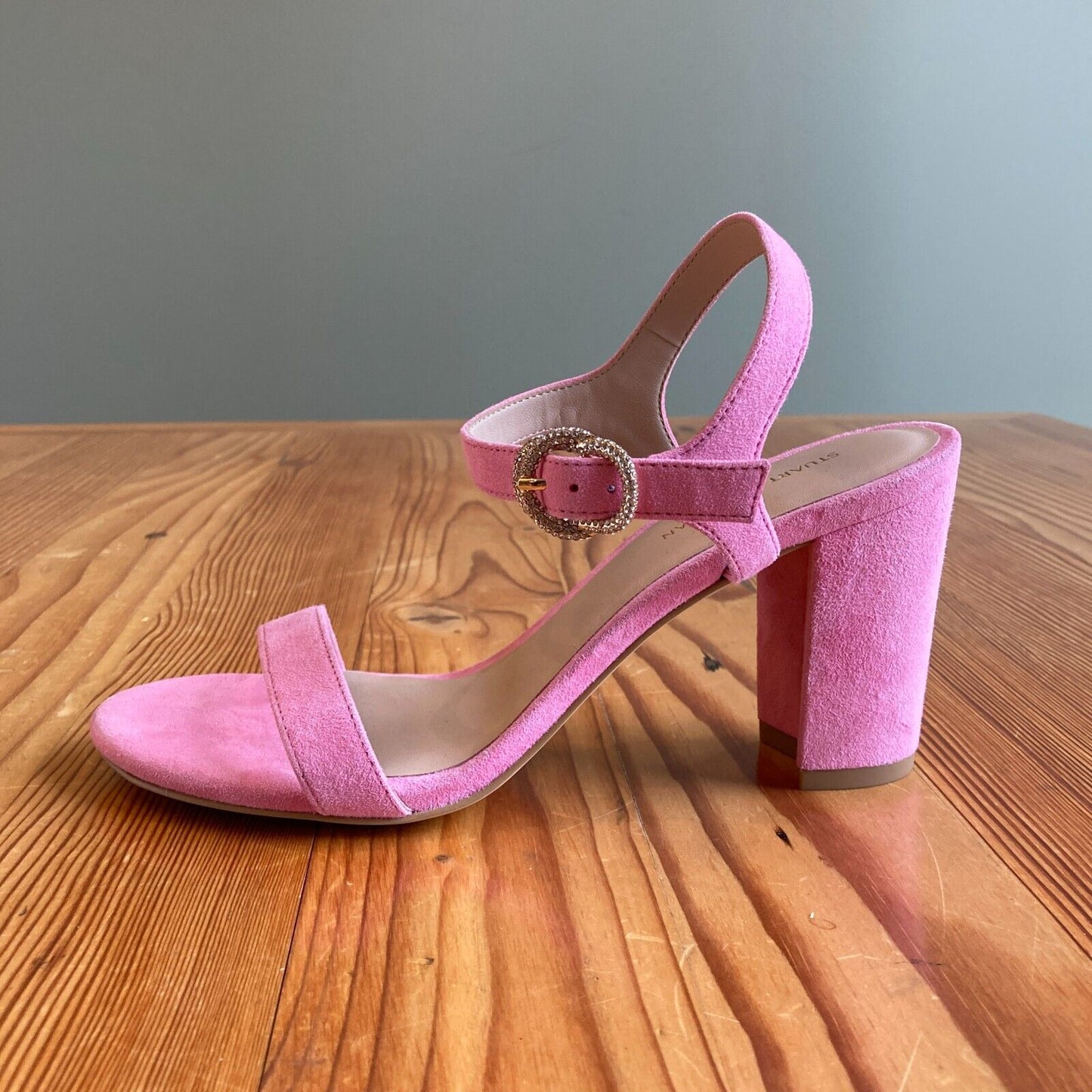 6.5 - Stuart Weitzman Pink Suede Crystal Buckle Pearla Heels Shoes NEW 0703SC