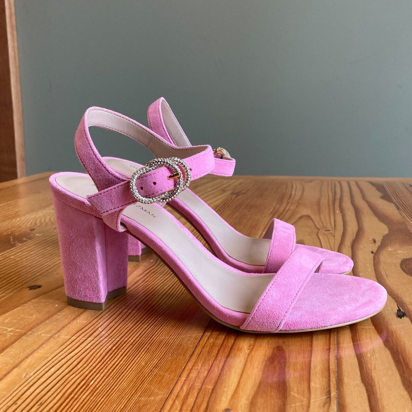 6.5 - Stuart Weitzman Pink Suede Crystal Buckle Pearla Heels Shoes NEW 0703SC