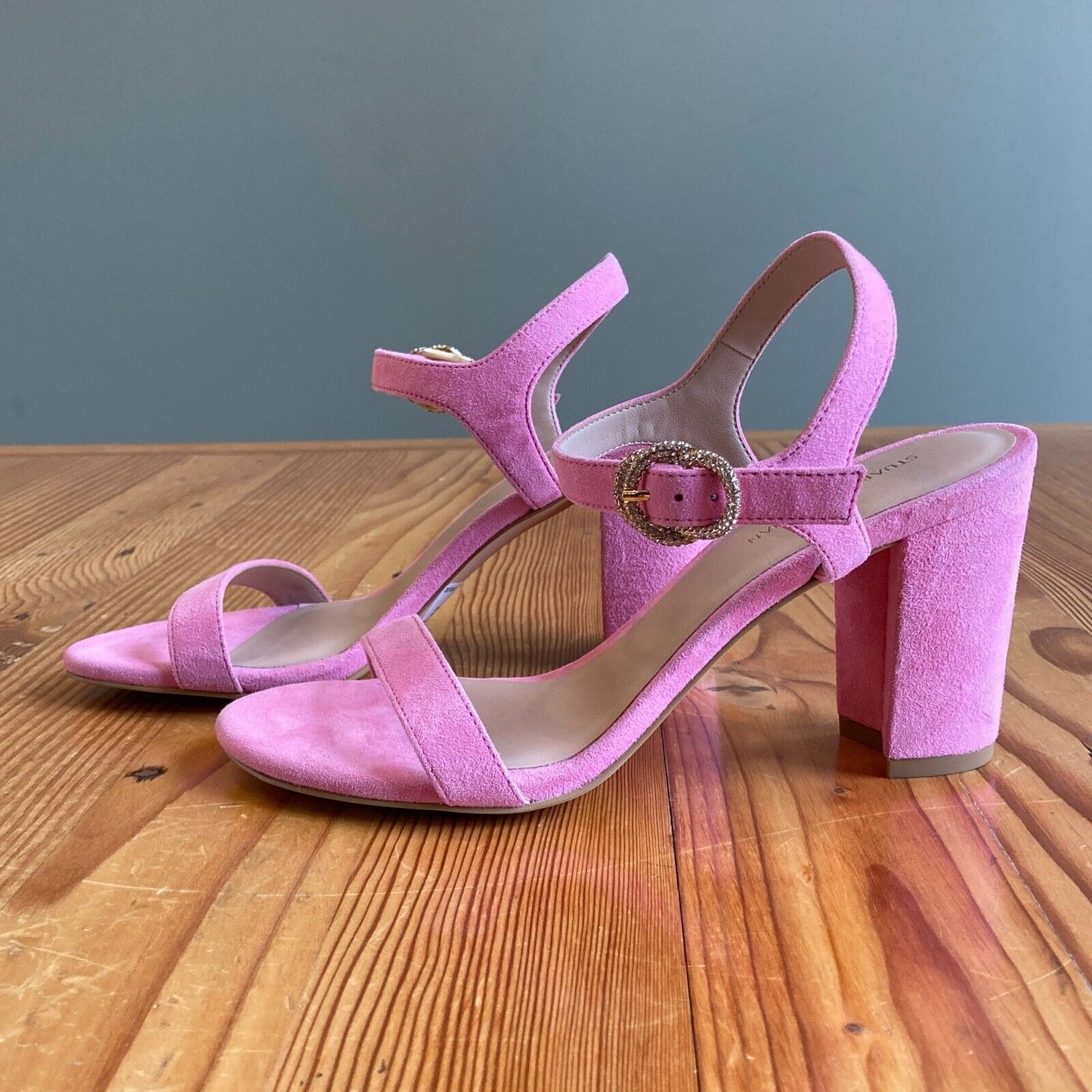 6.5 - Stuart Weitzman Pink Suede Crystal Buckle Pearla Heels Shoes NEW 0703SC