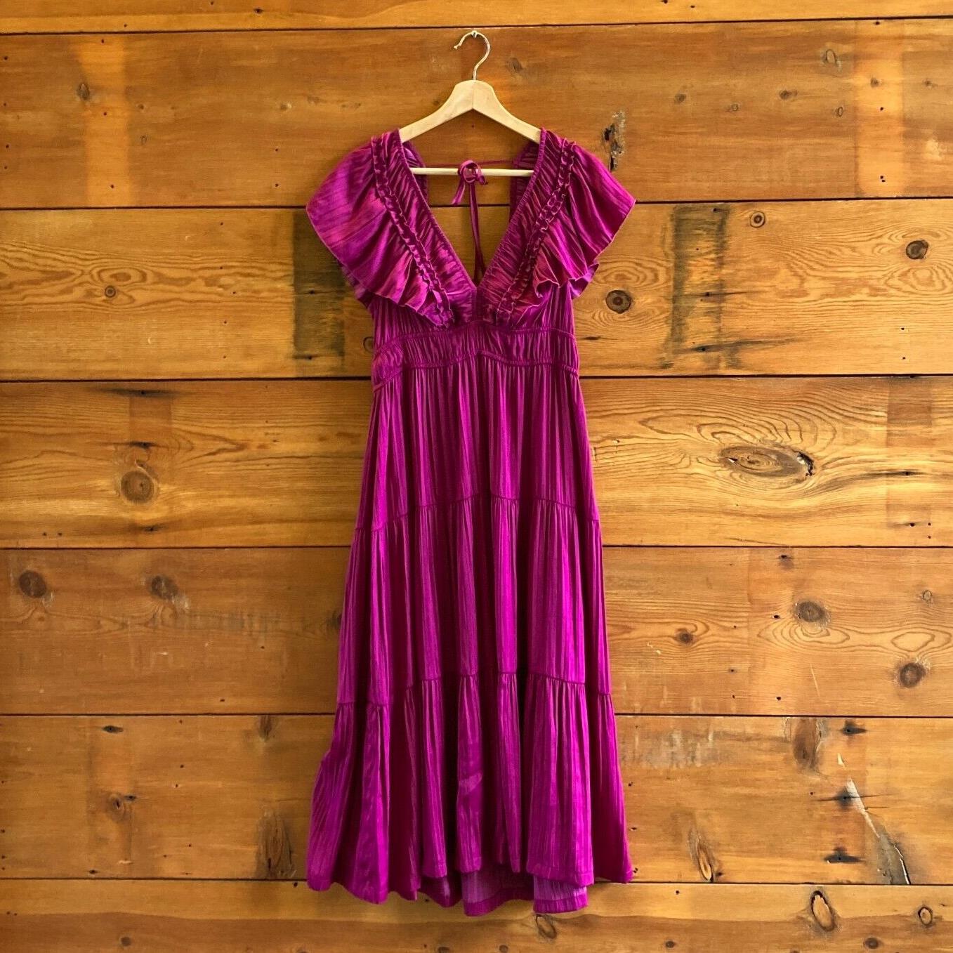 M - by Anthropologie $170 Raspberry Silky Ruffle Sleeve Tiered Midi Dress 0822DB