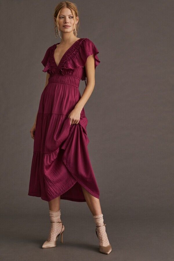 M - by Anthropologie $170 Raspberry Silky Ruffle Sleeve Tiered Midi Dress 0822DB