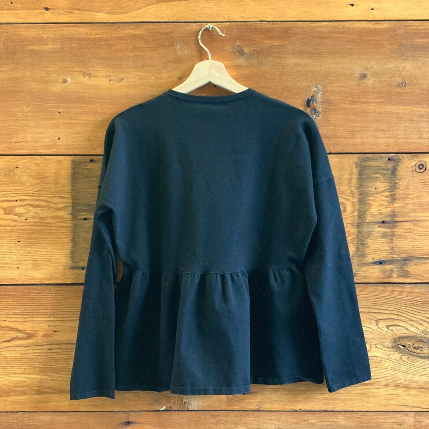 L - MaxMara Max Mara Black Long Sleeve Crew Neck Peplum Shirt Top 0419NR