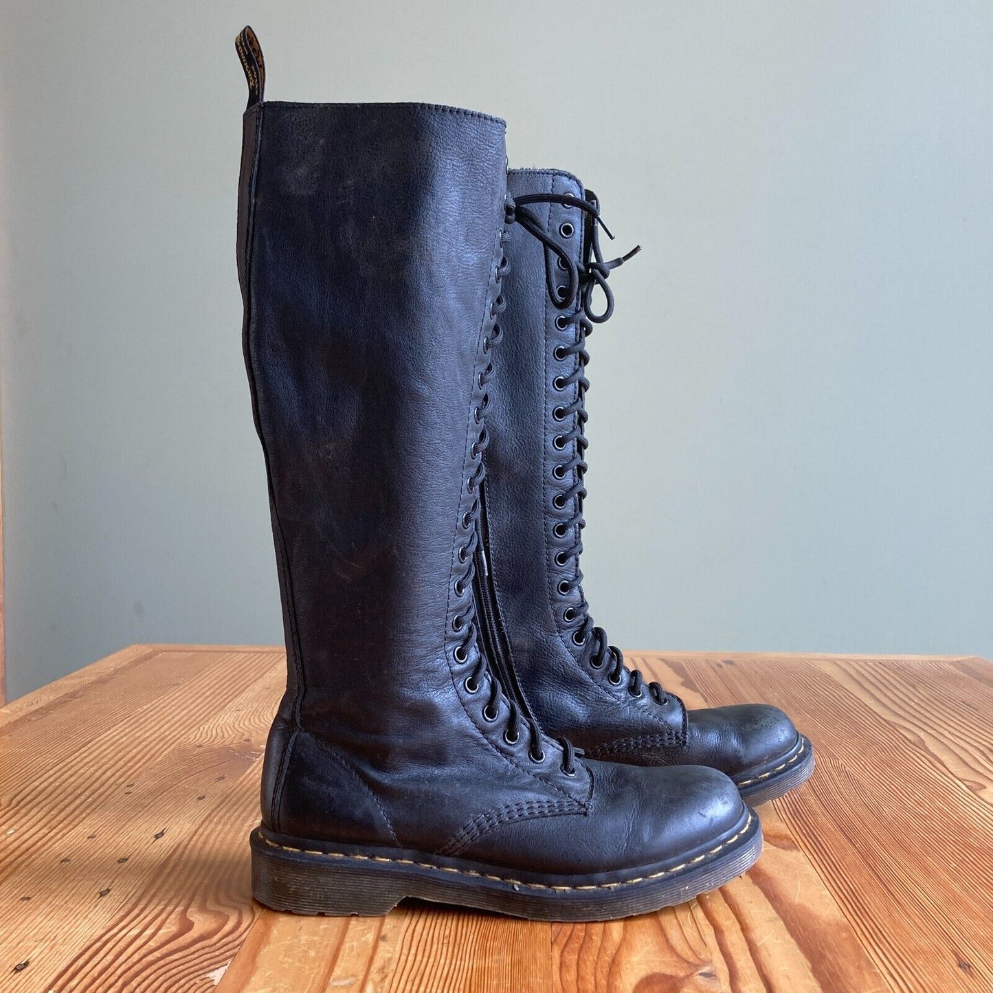 9 - Dr Martens Black Leather Knee High Lace Up Combat Side Zip Boots 0806TK
