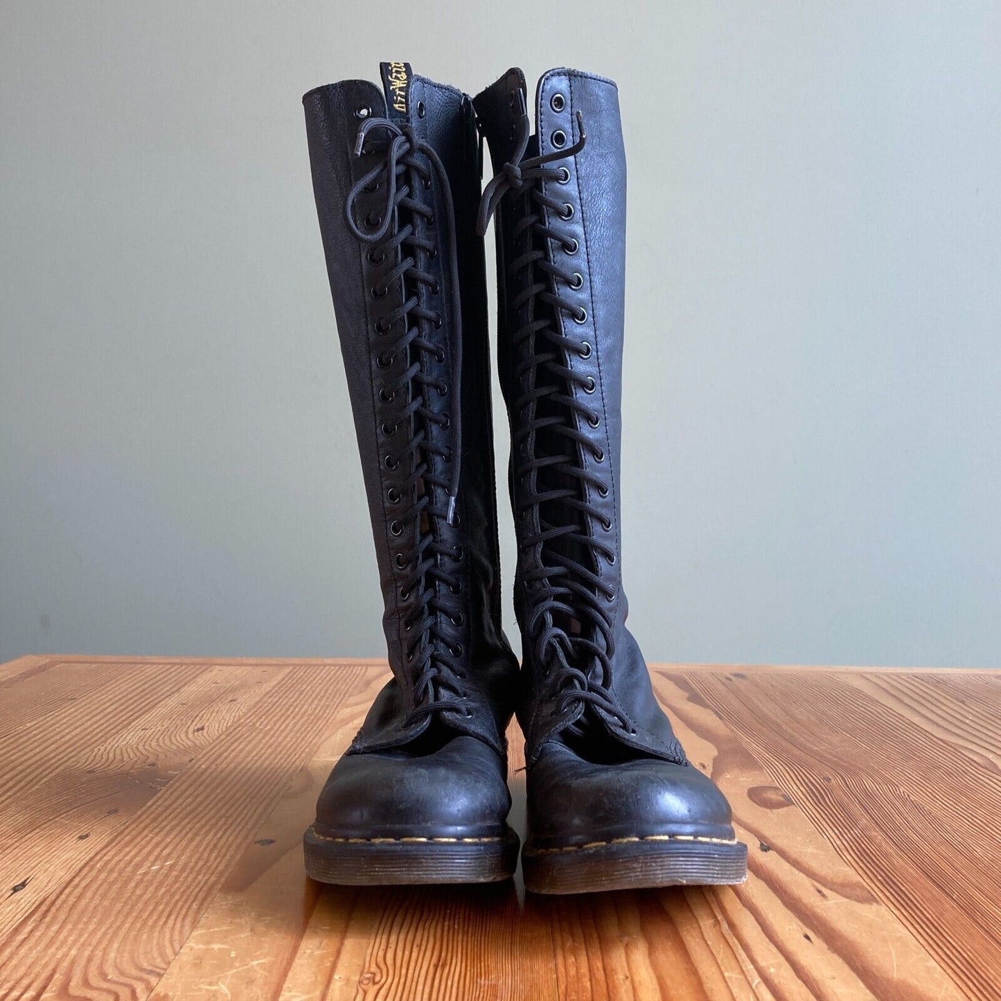 9 - Dr Martens Black Leather Knee High Lace Up Combat Side Zip Boots 0806TK
