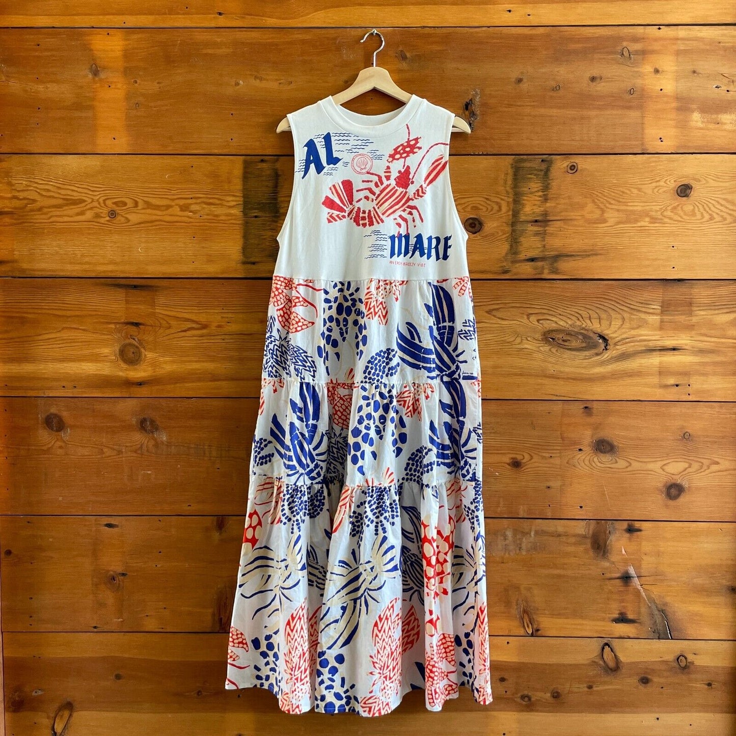 L - Farm Rio White Lobster Patterned Al Mare Sleeveless T Shirt Dress 0206BS