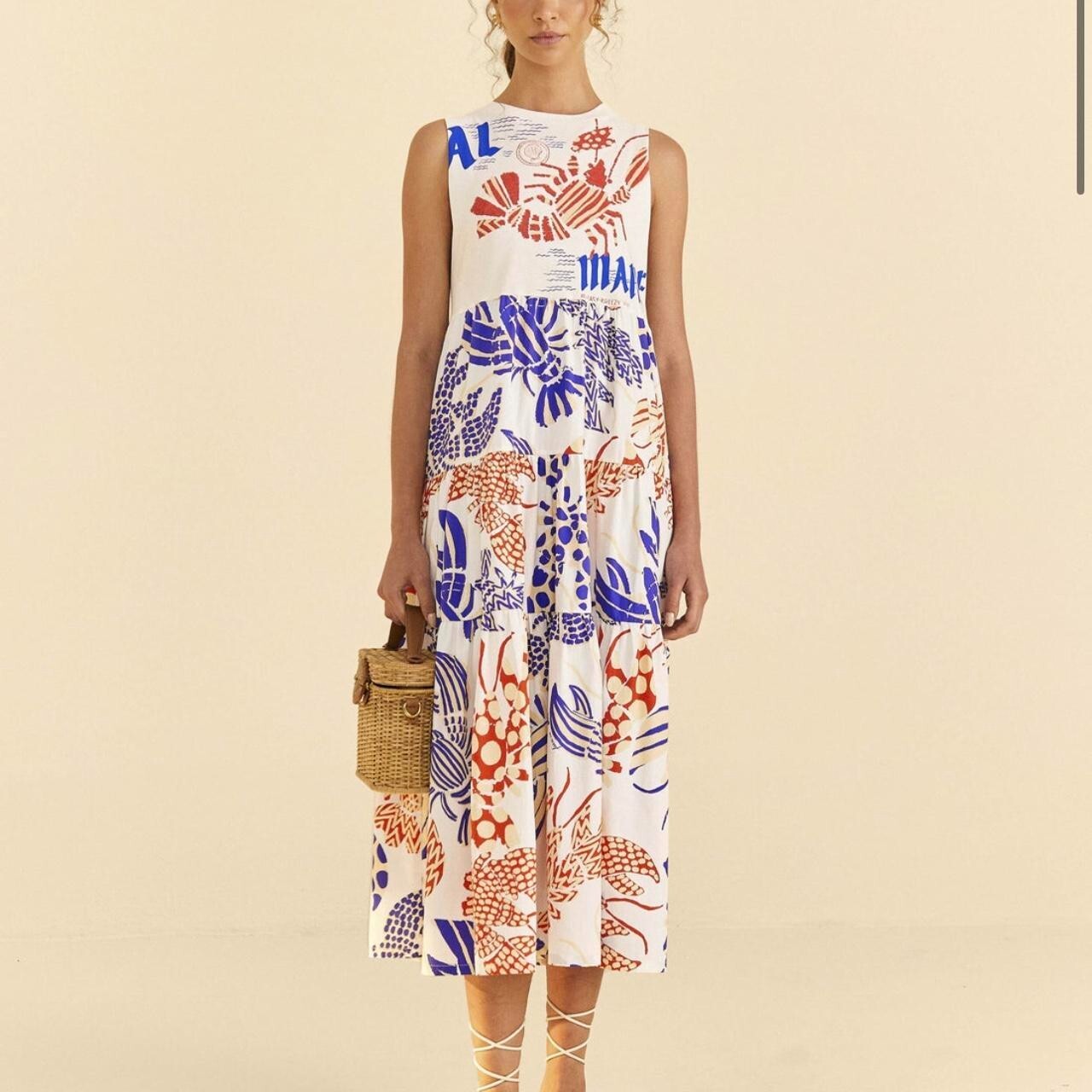 L - Farm Rio White Lobster Patterned Al Mare Sleeveless T Shirt Dress 0206BS