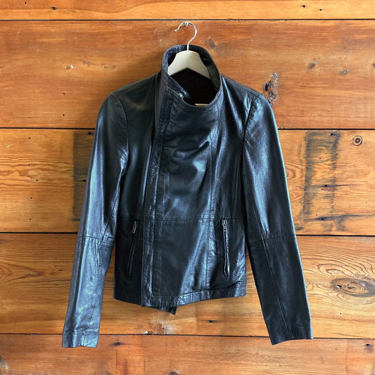 S - Goosecraft Black Buttery Leather Moto Biker Asymmetrical Zip Jacket 0329DM
