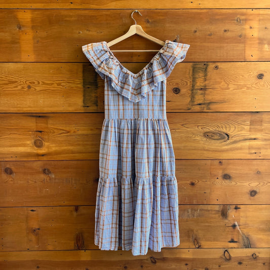 XS - English Factory Purple & Brown Plaid Ruffle Neck Midi Length Dress 1103ES