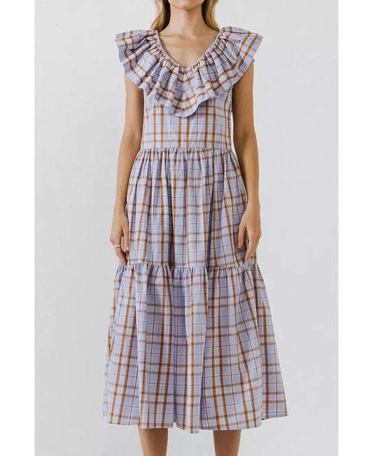 XS - English Factory Purple & Brown Plaid Ruffle Neck Midi Length Dress 1103ES