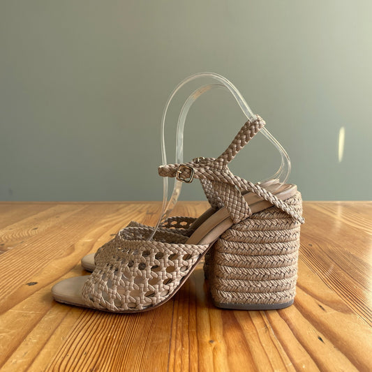39 / 8 US - Paloma Barcelo Nude Raffia Block Heel Open Toe Sandals 0323AB