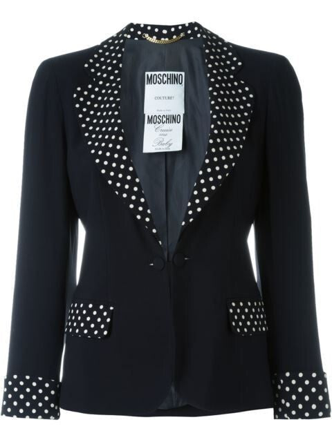 8 - Moschino Couture Navy & White Polka Dot Vintage Fitted Blazer Jacket 0327JM