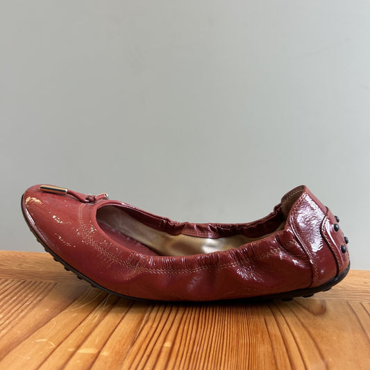 38.5 / 8.5 - Tod's Burgundy Patent Leather Lacette Ballet Flats Shoes 0611AJ