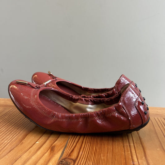 38.5 / 8.5 - Tod's Burgundy Patent Leather Lacette Ballet Flats Shoes 0611AJ