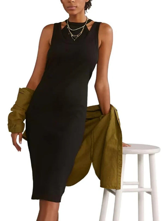 S - t.la Anthropologie NEW Black Ribbed Knit Sleeveless Cutout Midi Dress 0926RE
