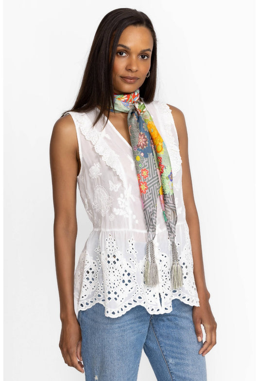 Johnny Was 100% Silk Patterned Lapin Tassel Fringe Scarf NEW in Box 0316AO