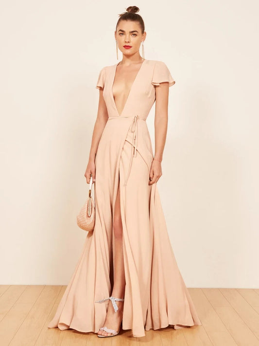 M - Reformation $388 Champagne Deep V Full Length Rosey Wrap Dress NEW 0422RW