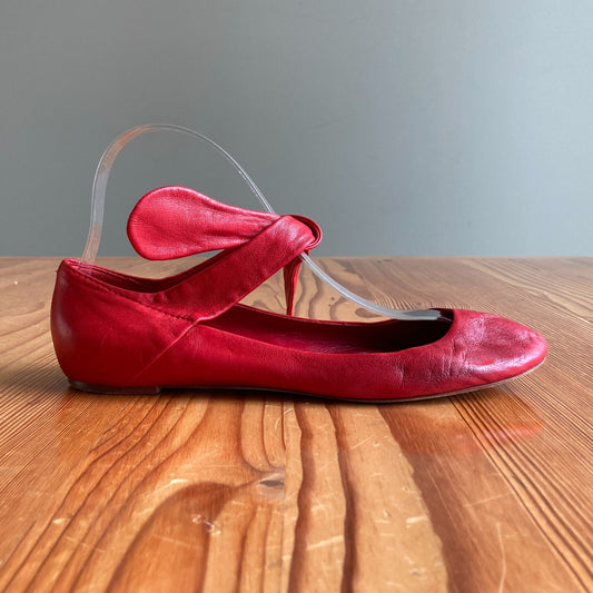 38 / 8 - Chloe Red Leather Ankle Tie Ballet Flats Round Toe Shoes 0505DM