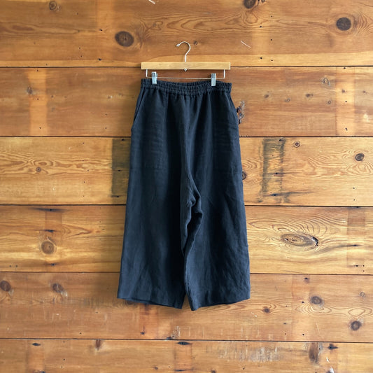 S - Shaina Mote Black Washed Linen Wide Leg Elastic Waist Pants 1206TY