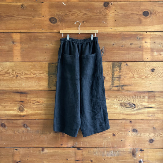 S - Shaina Mote Black Washed Linen Wide Leg Elastic Waist Pants 1206TY