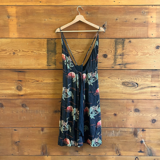 XS - Reformation Black Crane Patterned Viscose Sleeveless Wrap Dress 0513MP