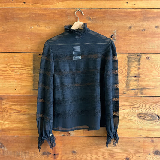 40 FR / L - Isabel Marant Black Sheer Lace Striped Long Sleeve Blouse Top 0103RU