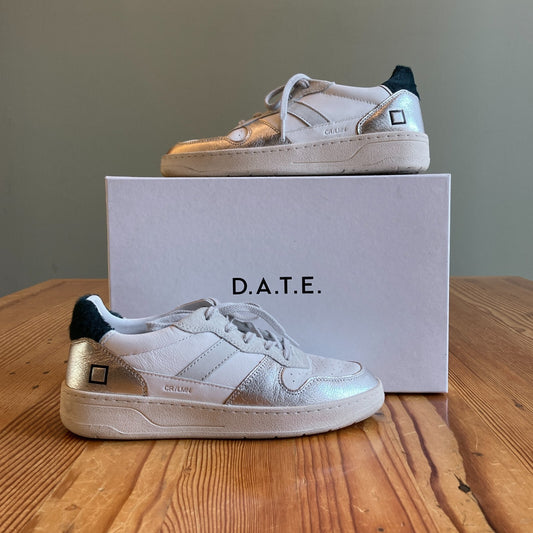 38 / 7 - D.A.T.E. White Silver Court 2.0 Sneakers Womens Shoes w/ Box 0103RU