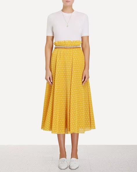 0 - Zimmerman $495 Yellow Polka Dot Pleated Midi Length Skirt NEW 0716MD