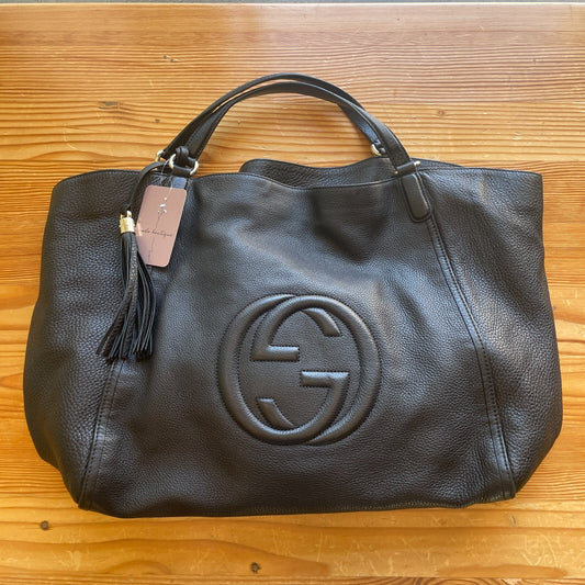 Gucci Black Pebbled Leather Tassel Soho Tote Bag GG Logo Purse 282303 0527DB