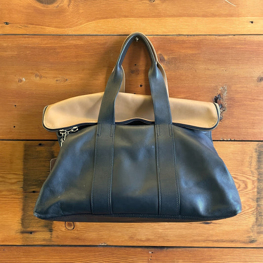 3.1 Phillip Lim Black & Tan Leather 31 Hour Foldover Tote Bag Purse 0527DB