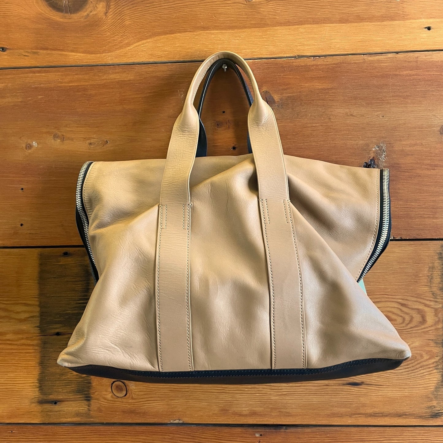 3.1 Phillip Lim Black & Tan Leather 31 Hour Foldover Tote Bag Purse 0527DB