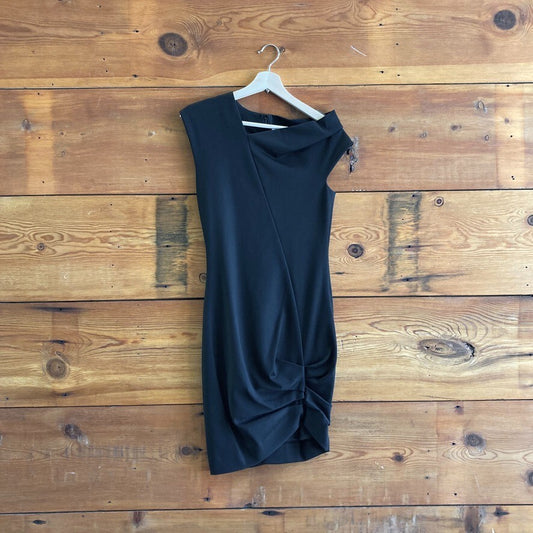 4 - Helmut Lang $395 Black Asymmetric Front Drape Needle Rib Dress NEW 0527DB