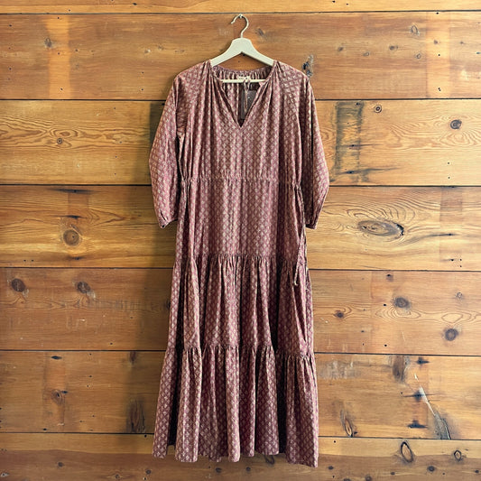 S / M - Nani Pani Brown Block Print Boho Long Sleeve Tiered Dress 0223LA