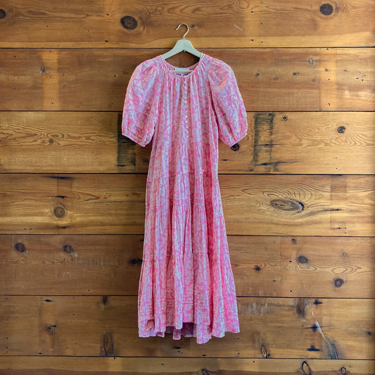 1 / S - The Great Pink White Floral Print Pleated Ravine Tiered Dress 0425NK