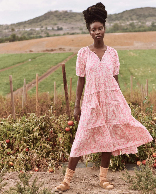1 / S - The Great Pink White Floral Print Pleated Ravine Tiered Dress 0425NK