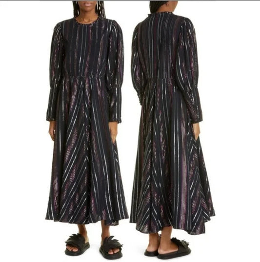 S - Farm Rio Black Metallic Lurex Striped Long Sleeve Dress 1114LH